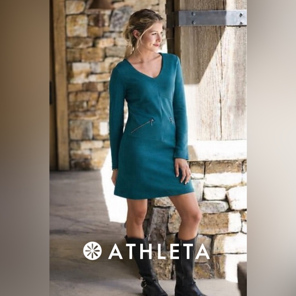 Athleta Teal Zip Pocket Knit Dress Medium Petite Long Sleeve Stretch